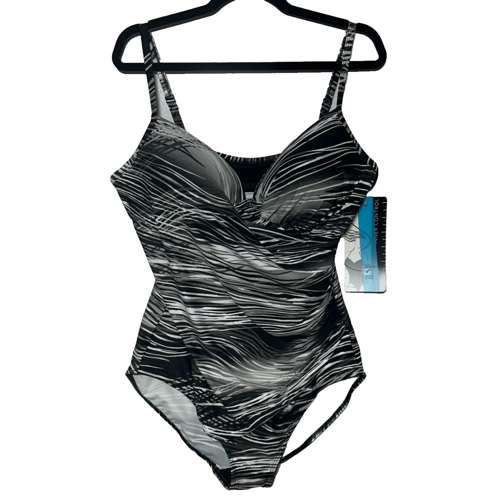 Christina Swimsuit 16 Black Gray One Piece Waist Minimizer Padded‎ Striped NWT